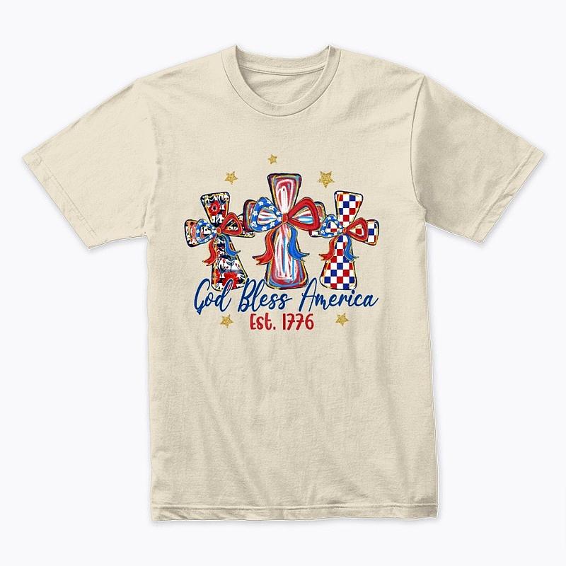 God Bless America Cross T-Shirt – Patriotic Faith Tee (Est. 1776, Red White Blue)