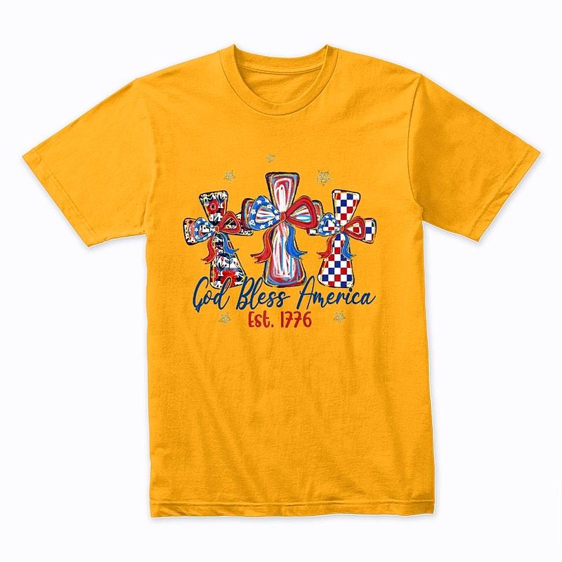 God Bless America Cross T-Shirt – Patriotic Faith Tee (Est. 1776, Red White Blue)