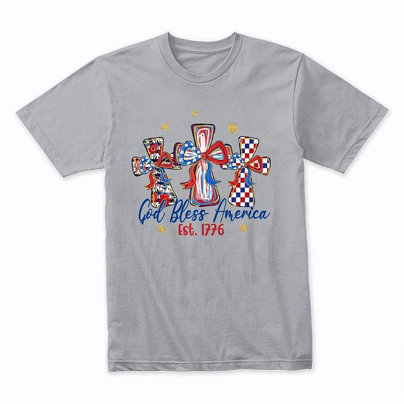 God Bless America Cross T-Shirt – Patriotic Faith Tee (Est. 1776, Red White Blue)