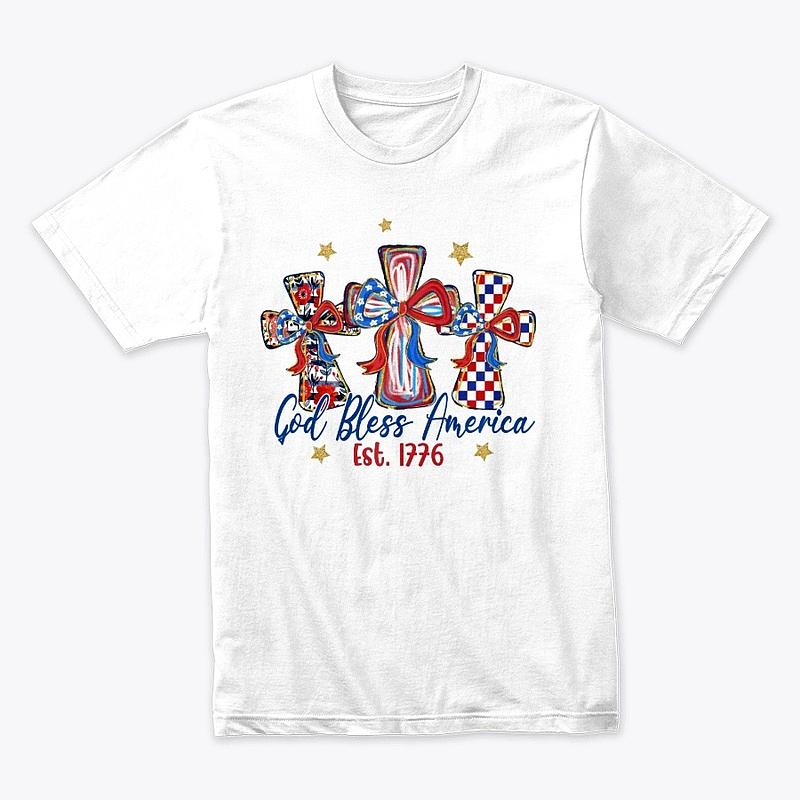 God Bless America Cross T-Shirt – Patriotic Faith Tee (Est. 1776, Red White Blue)