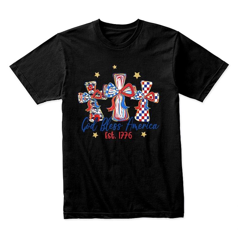 God Bless America Cross T-Shirt – Patriotic Faith Tee (Est. 1776, Red White Blue)