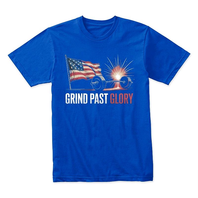 Grind Past Glory T-Shirt – American Flag Weightlifting Motivational Gym Tee
