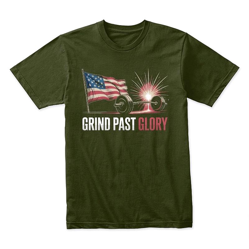 Grind Past Glory T-Shirt – American Flag Weightlifting Motivational Gym Tee