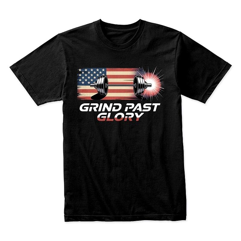 Grind Past Glory T-Shirt – Patriotic Gym Workout Tee with American Flag & Barbell