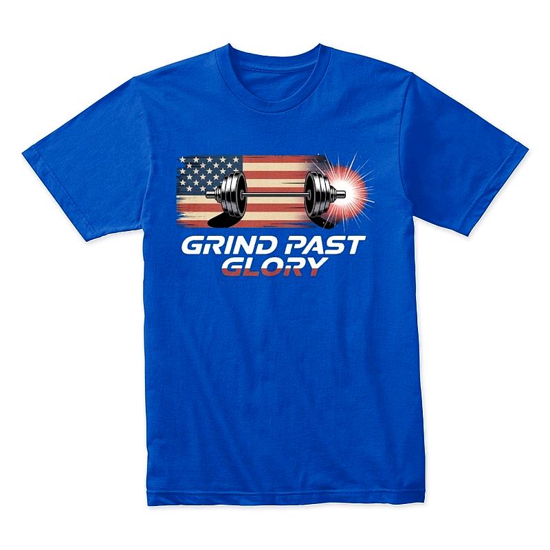 Grind Past Glory T-Shirt – Patriotic Gym Workout Tee with American Flag & Barbell