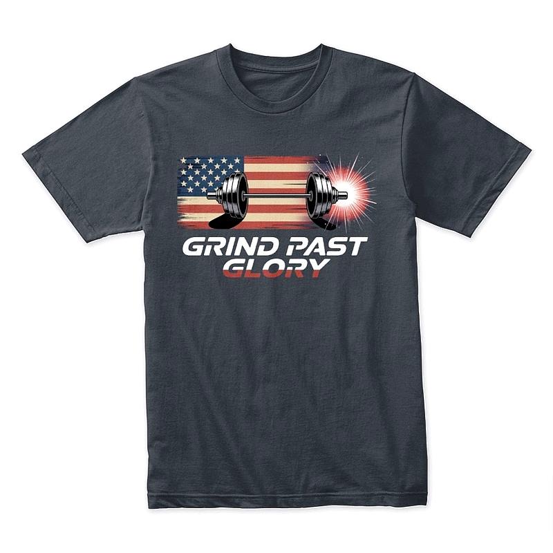 Grind Past Glory T-Shirt – Patriotic Gym Workout Tee with American Flag & Barbell