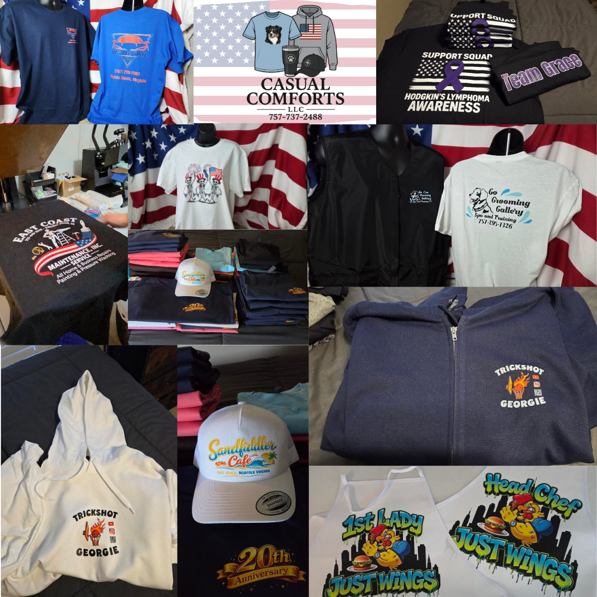 Collage of custom shirts, hoodies, hats, workwear and community apparel by Casual Comforts LLC