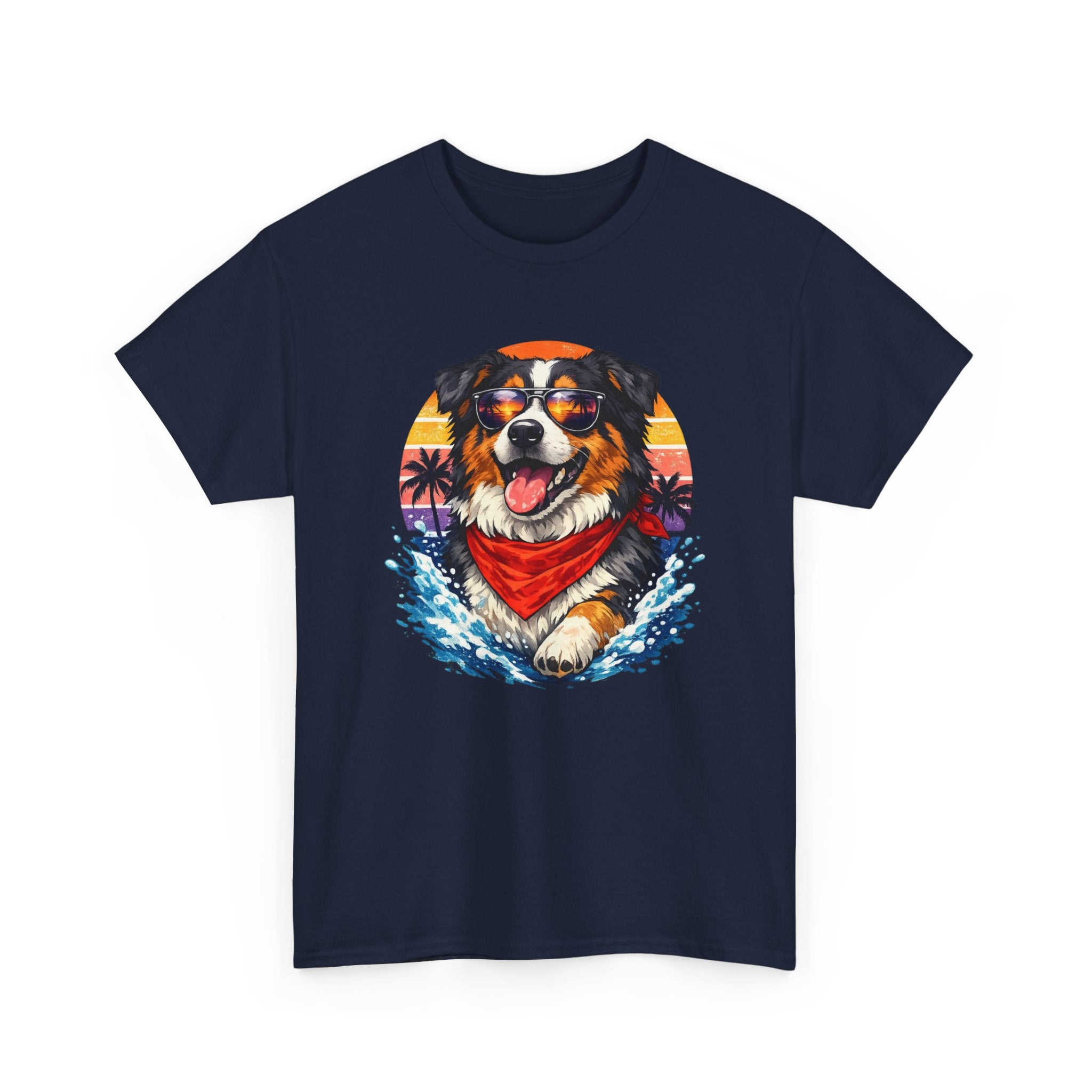 Surfing Dog T‑Shirt — Happy Aussie with Sunset & Waves