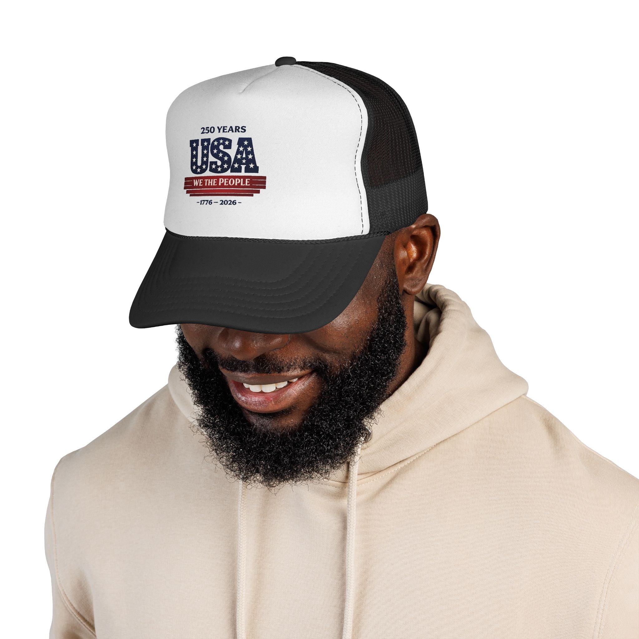 USA 250 Years Trucker Hat — 'We The People' Patriotic Mesh Cap (1776–2026)