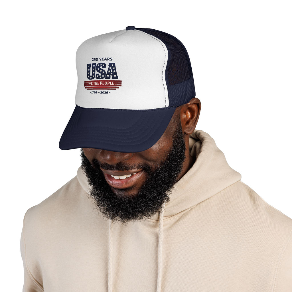 USA 250 Years Trucker Hat — 'We The People' Patriotic Mesh Cap (1776–2026)