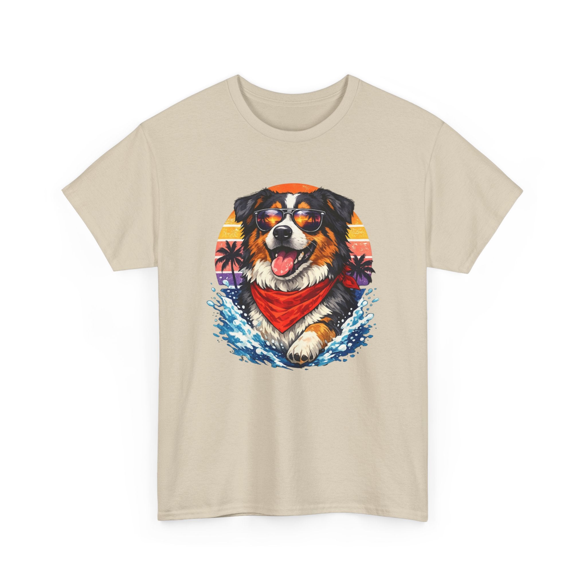 Surfing Dog T‑Shirt — Happy Aussie with Sunset & Waves