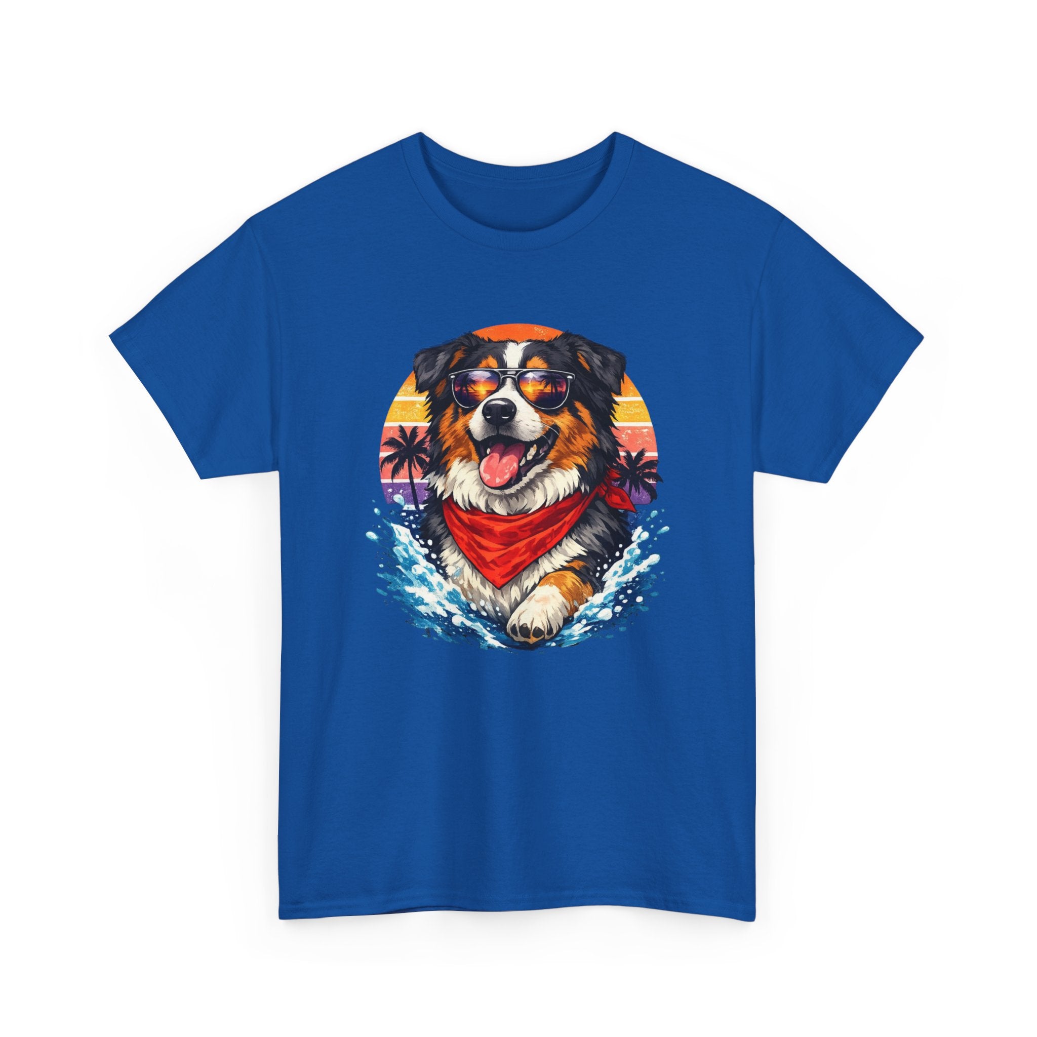 Surfing Dog T‑Shirt — Happy Aussie with Sunset & Waves