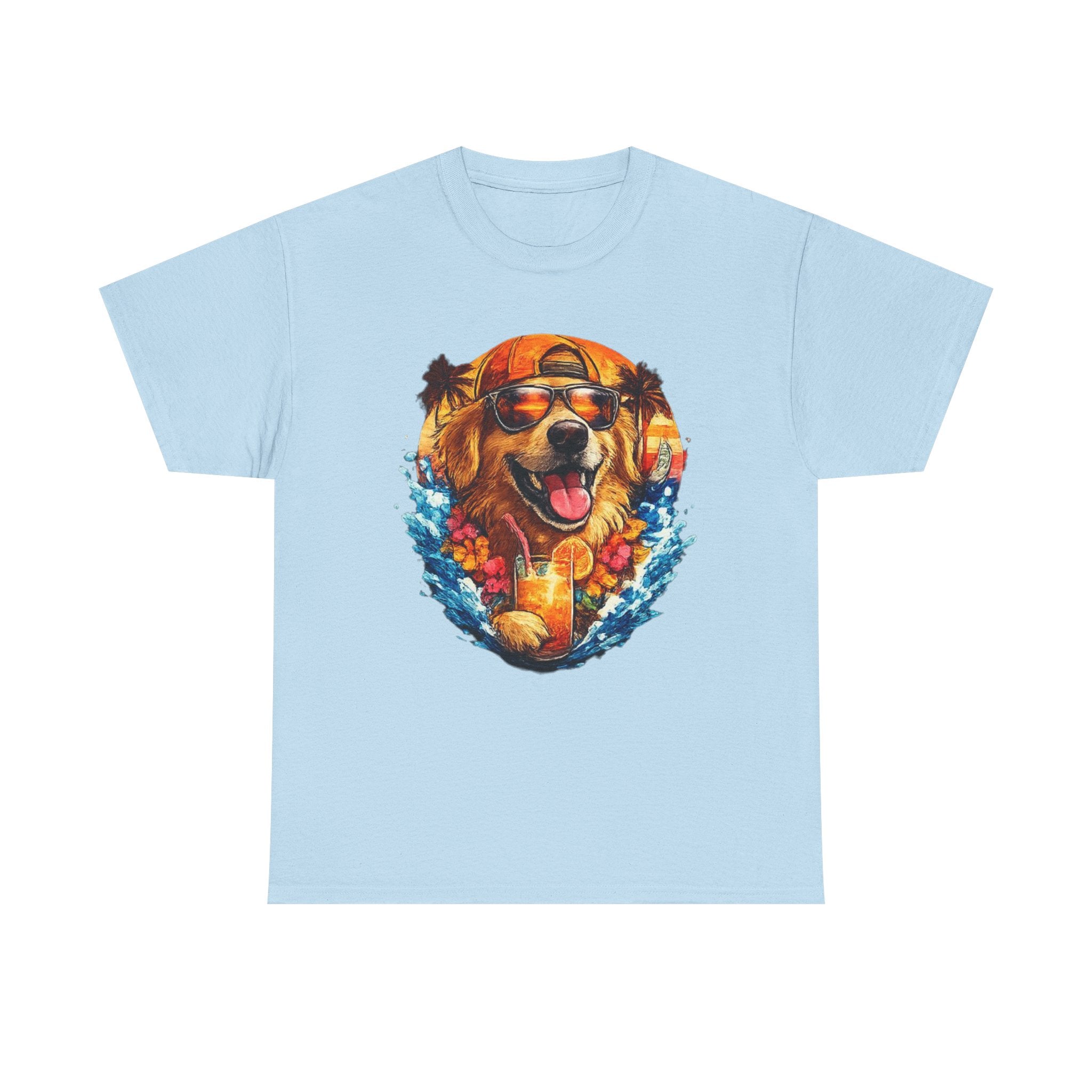 Golden Retriever Surf Dog T‑Shirt — Tropical Hawaiian Vibe, Sunglasses & Lei Graphic
