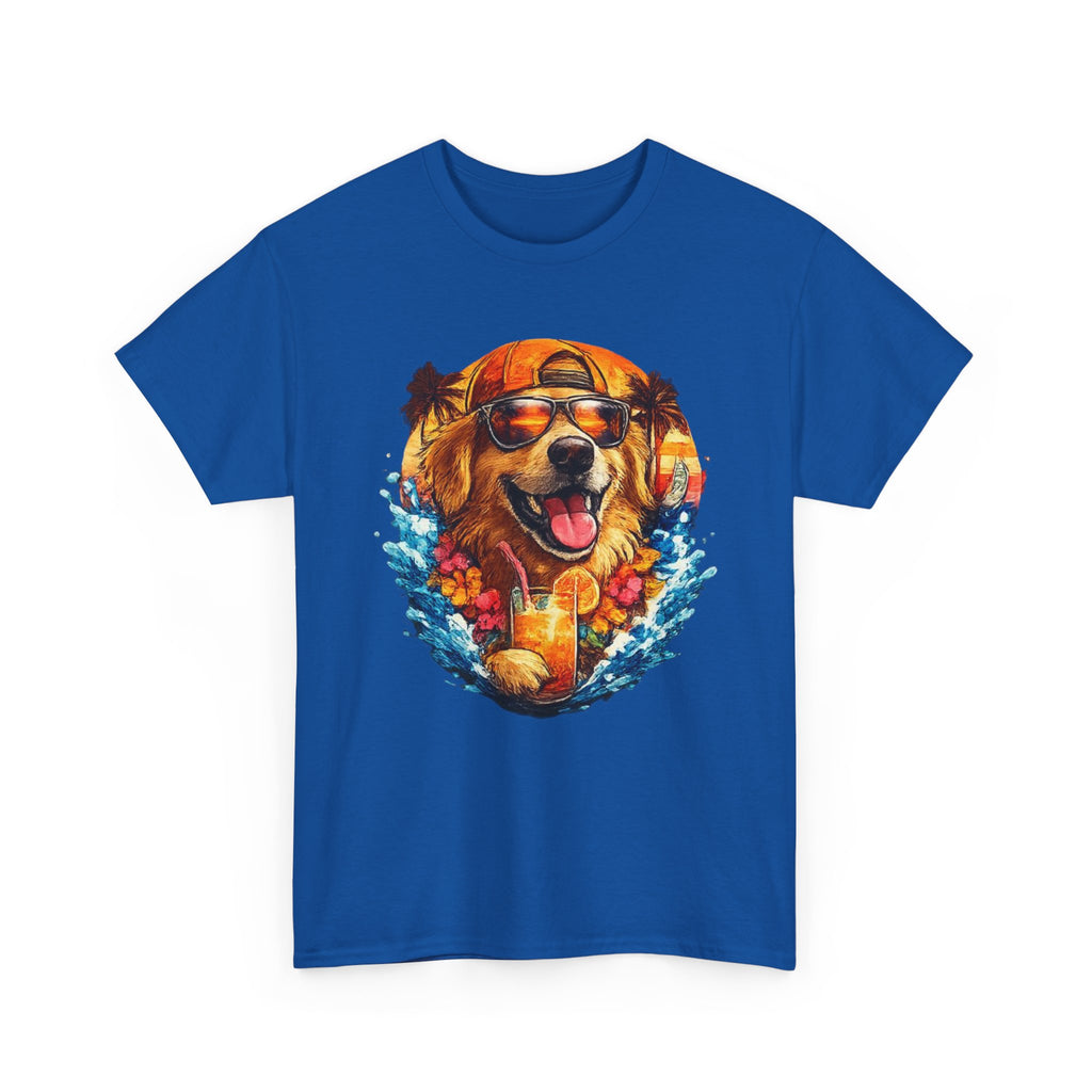 Golden Retriever Surf Dog T‑Shirt — Tropical Hawaiian Vibe, Sunglasses & Lei Graphic