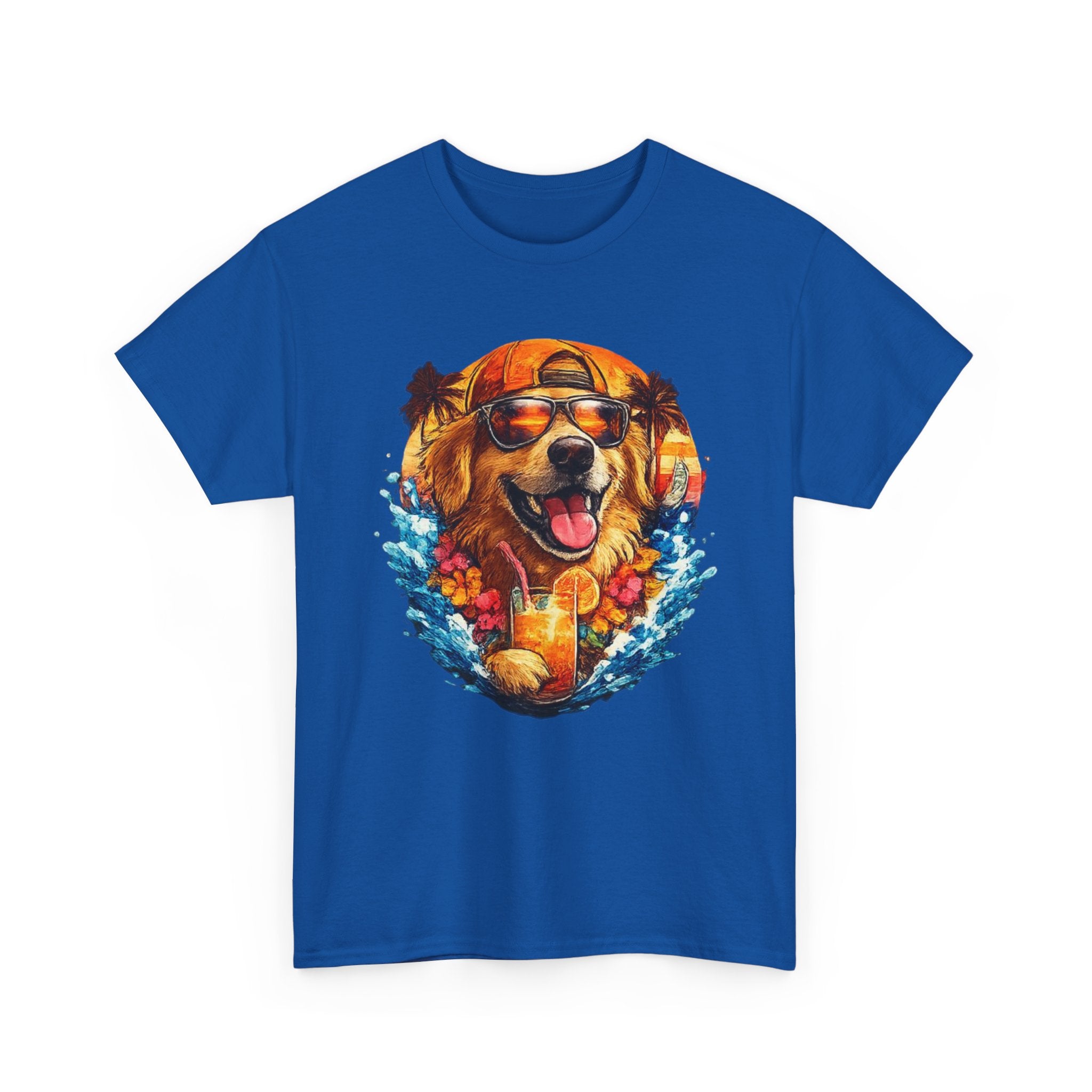 Golden Retriever Surf Dog T‑Shirt — Tropical Hawaiian Vibe, Sunglasses & Lei Graphic