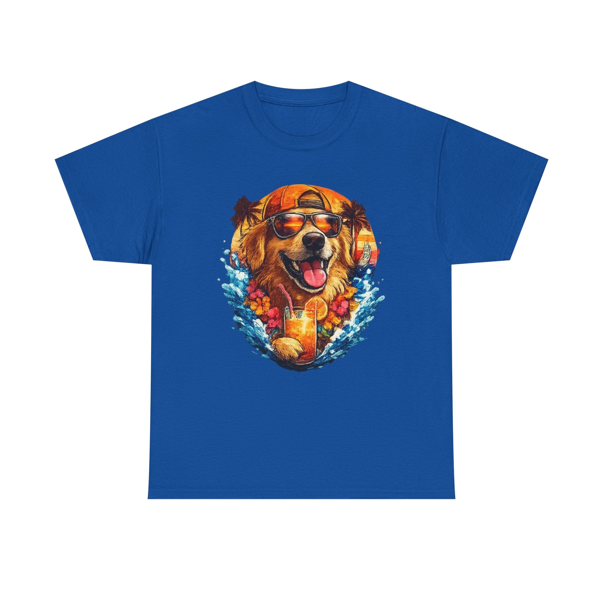 Golden Retriever Surf Dog T‑Shirt — Tropical Hawaiian Vibe, Sunglasses & Lei Graphic