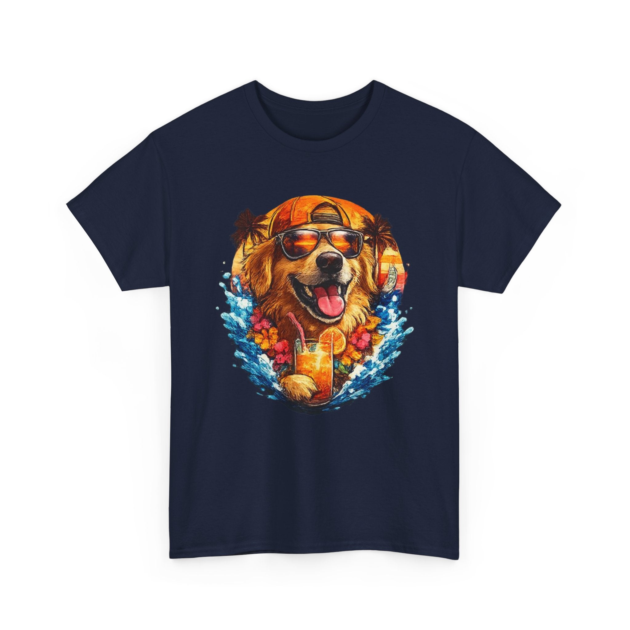 Golden Retriever Surf Dog T‑Shirt — Tropical Hawaiian Vibe, Sunglasses & Lei Graphic