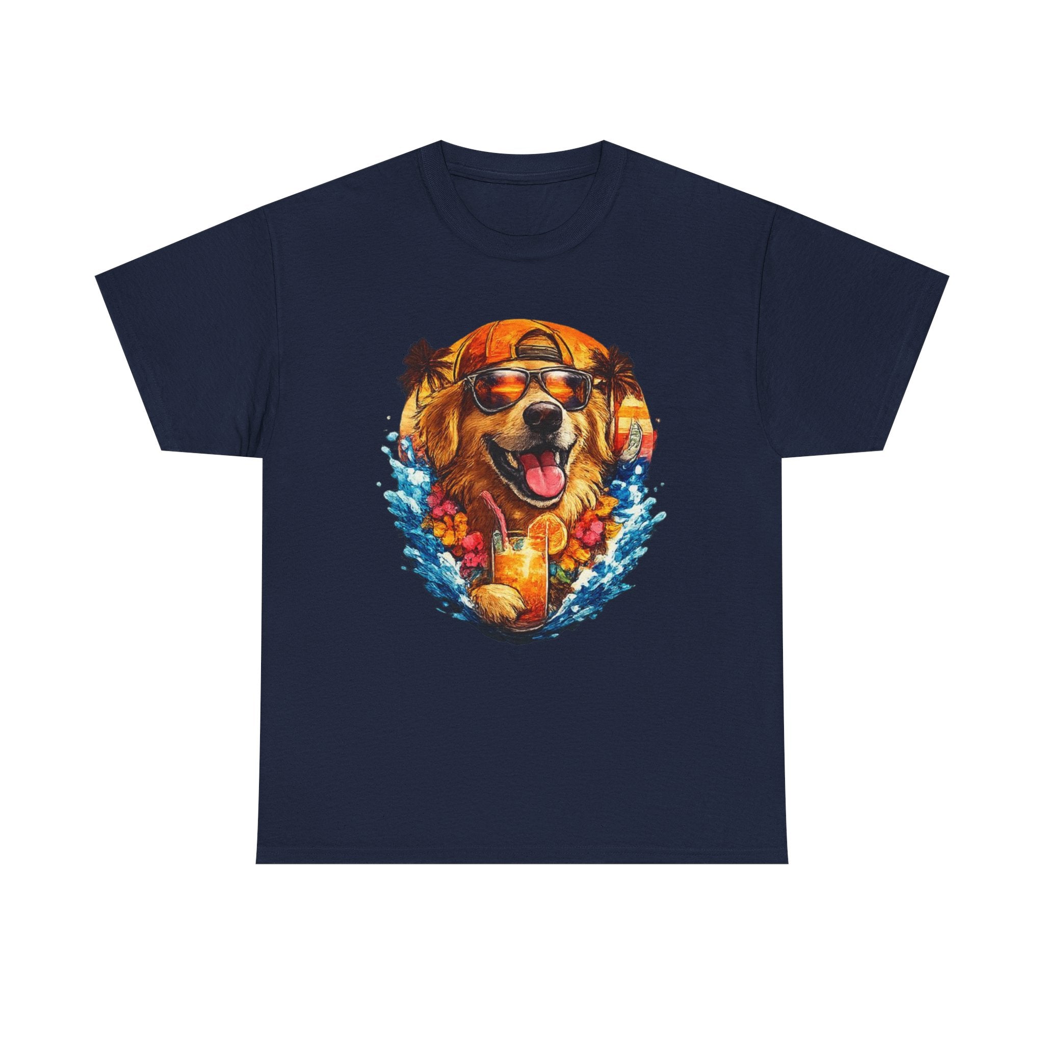 Golden Retriever Surf Dog T‑Shirt — Tropical Hawaiian Vibe, Sunglasses & Lei Graphic