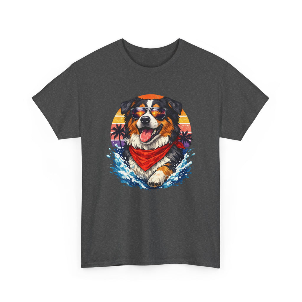 Surfing Dog T‑Shirt — Happy Aussie with Sunset & Waves
