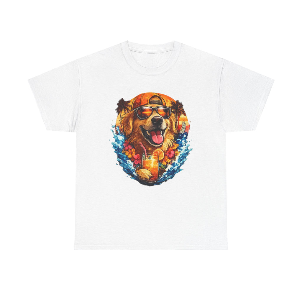 Golden Retriever Surf Dog T‑Shirt — Tropical Hawaiian Vibe, Sunglasses & Lei Graphic