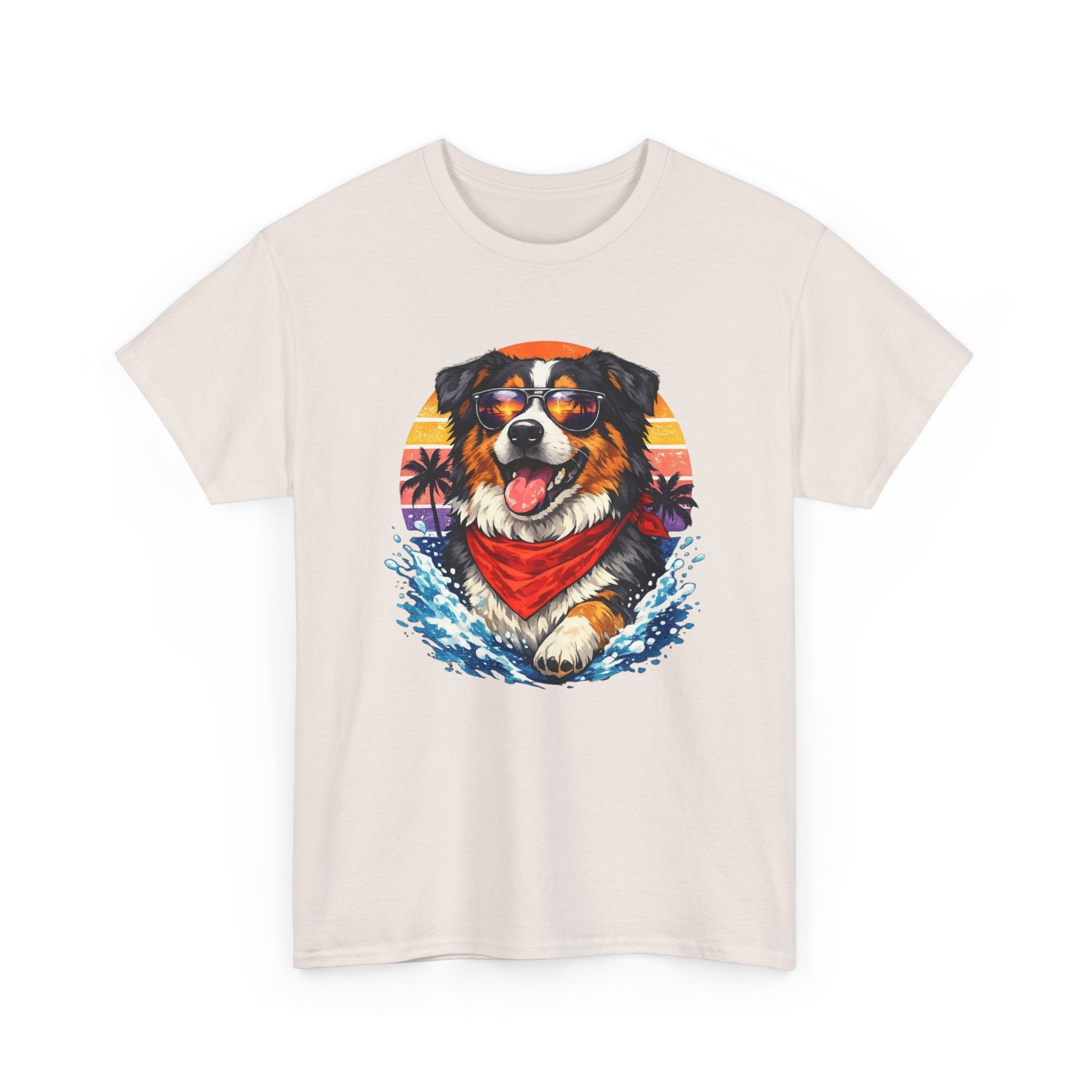 Surfing Dog T‑Shirt — Happy Aussie with Sunset & Waves