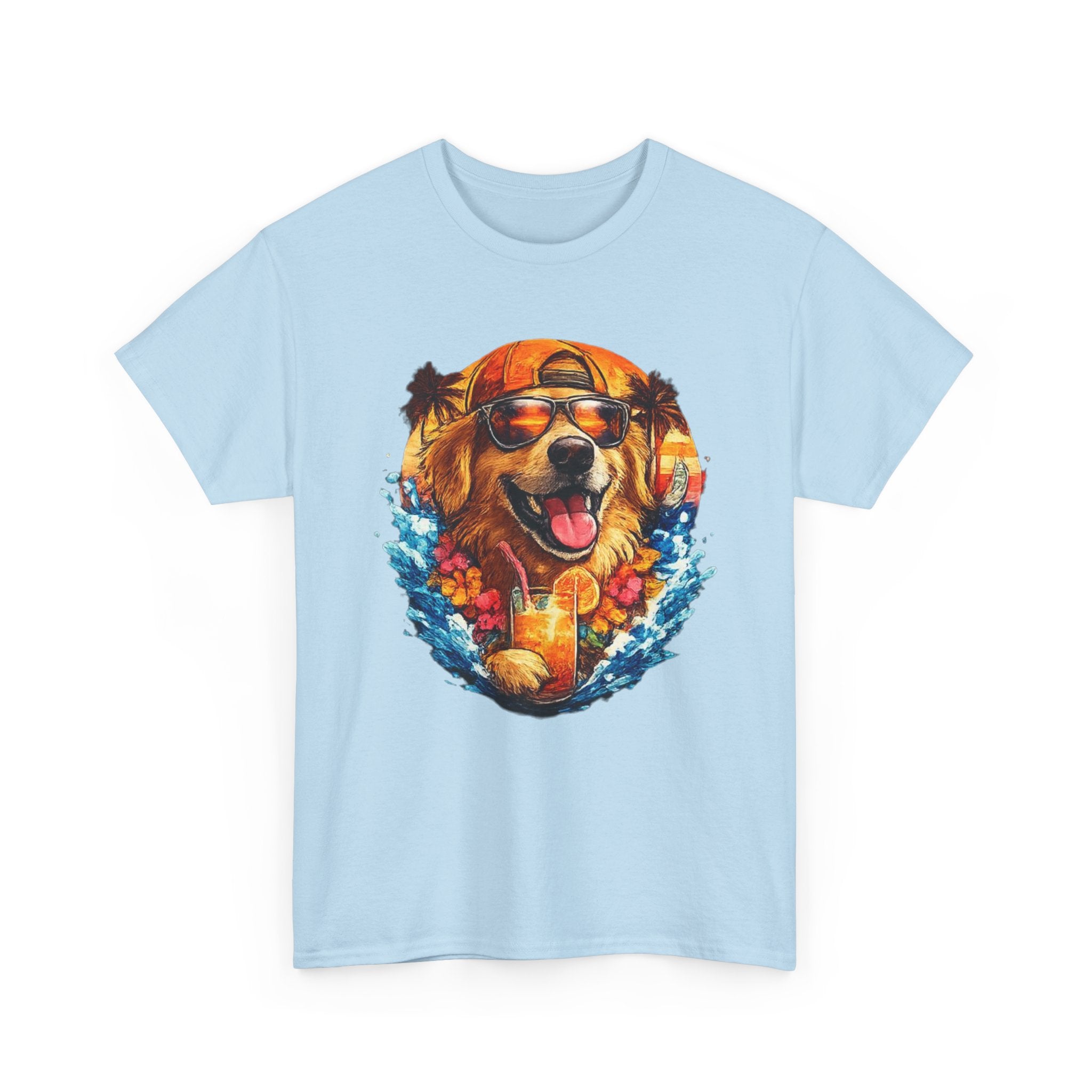 Golden Retriever Surf Dog T‑Shirt — Tropical Hawaiian Vibe, Sunglasses & Lei Graphic