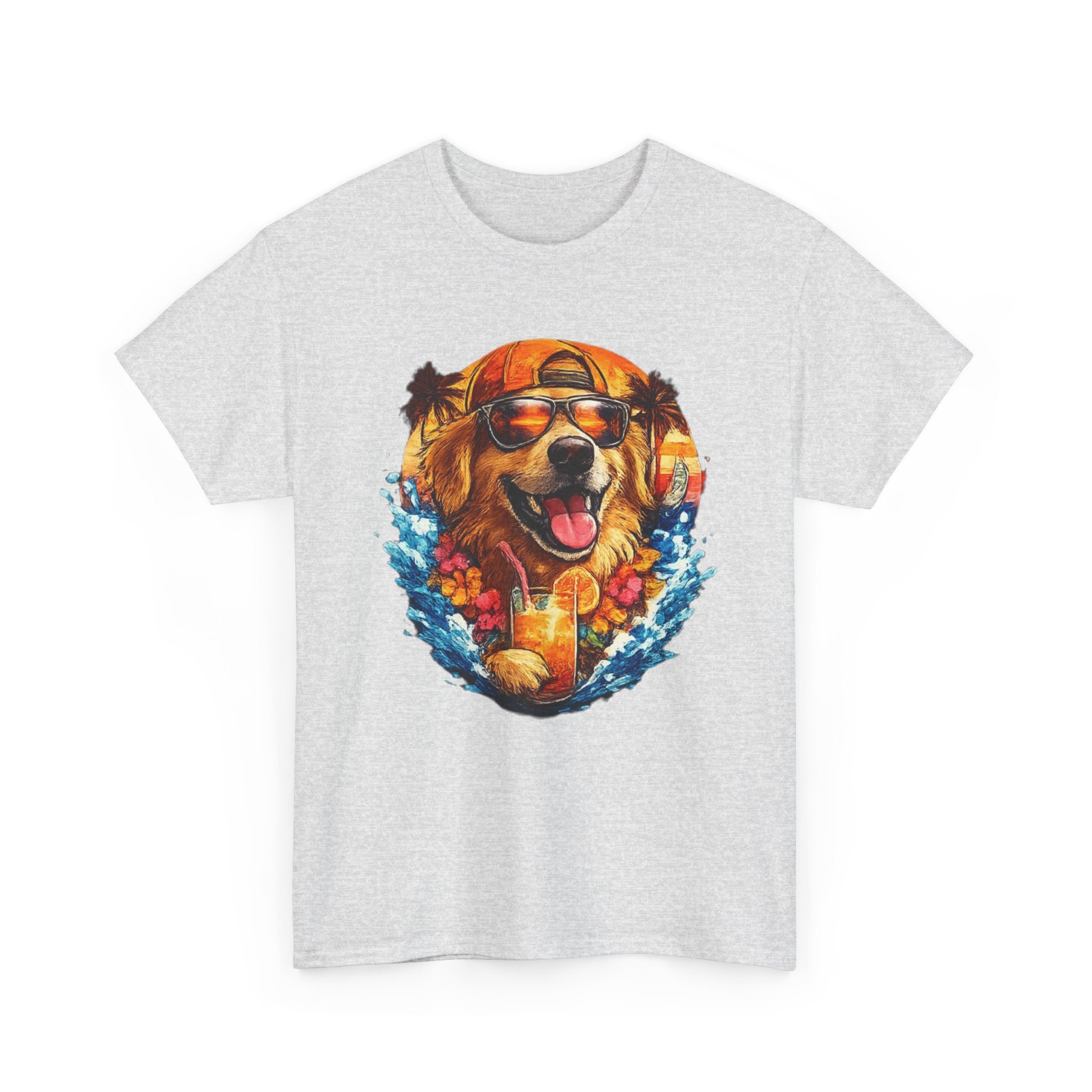 Golden Retriever Surf Dog T‑Shirt — Tropical Hawaiian Vibe, Sunglasses & Lei Graphic