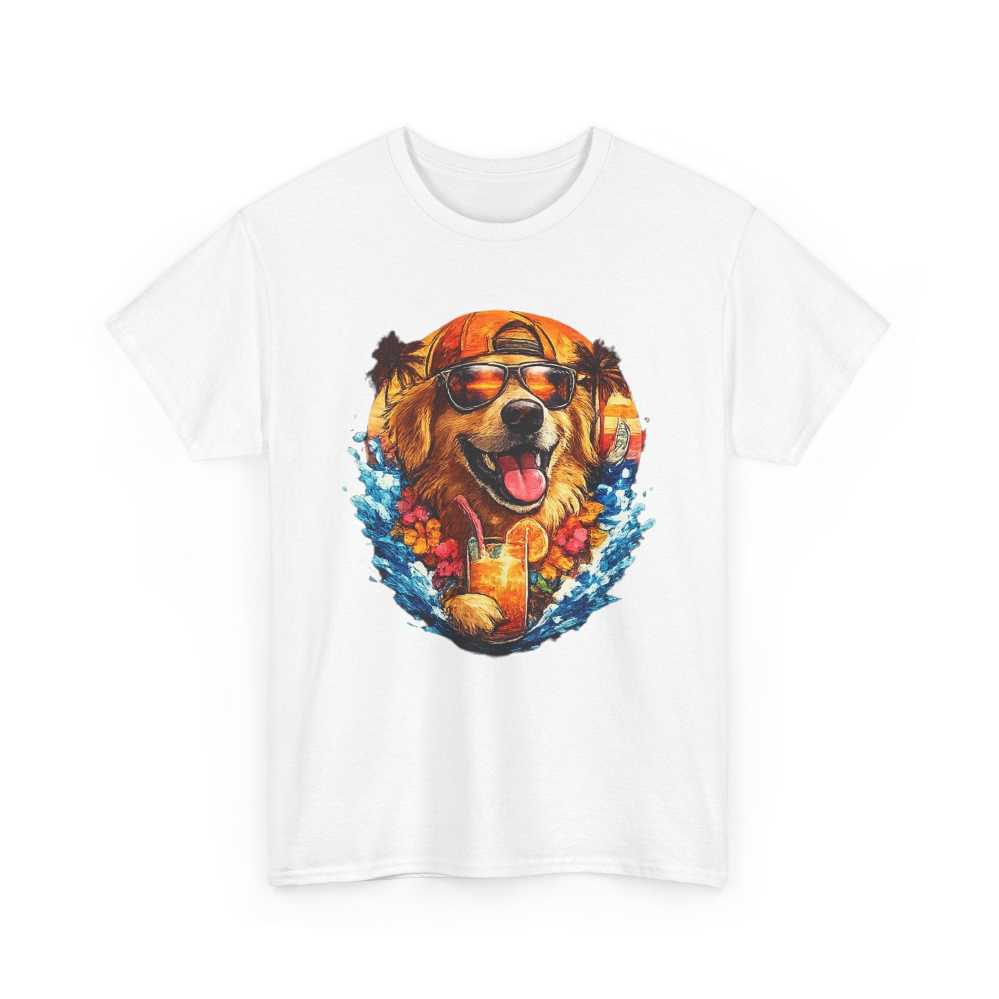 Golden Retriever Surf Dog T‑Shirt — Tropical Hawaiian Vibe, Sunglasses & Lei Graphic