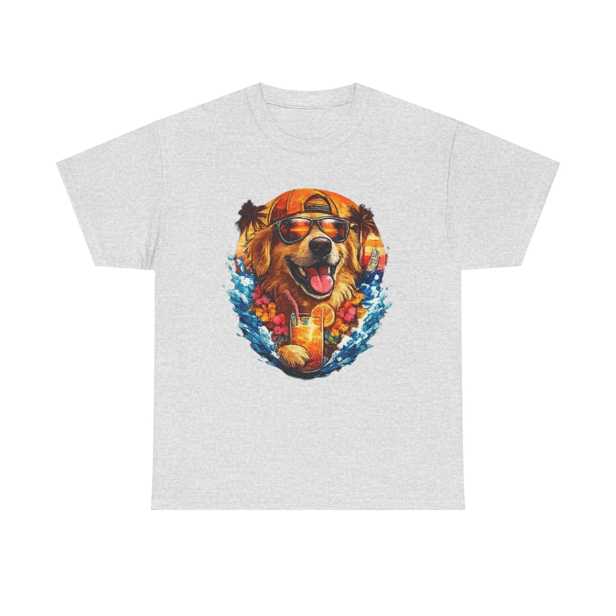 Golden Retriever Surf Dog T‑Shirt — Tropical Hawaiian Vibe, Sunglasses & Lei Graphic