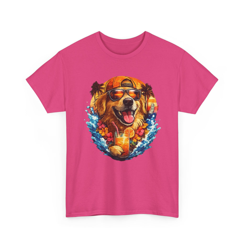Golden Retriever Surf Dog T‑Shirt — Tropical Hawaiian Vibe, Sunglasses & Lei Graphic