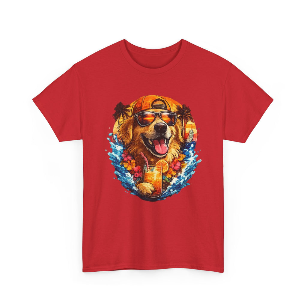 Golden Retriever Surf Dog T‑Shirt — Tropical Hawaiian Vibe, Sunglasses & Lei Graphic