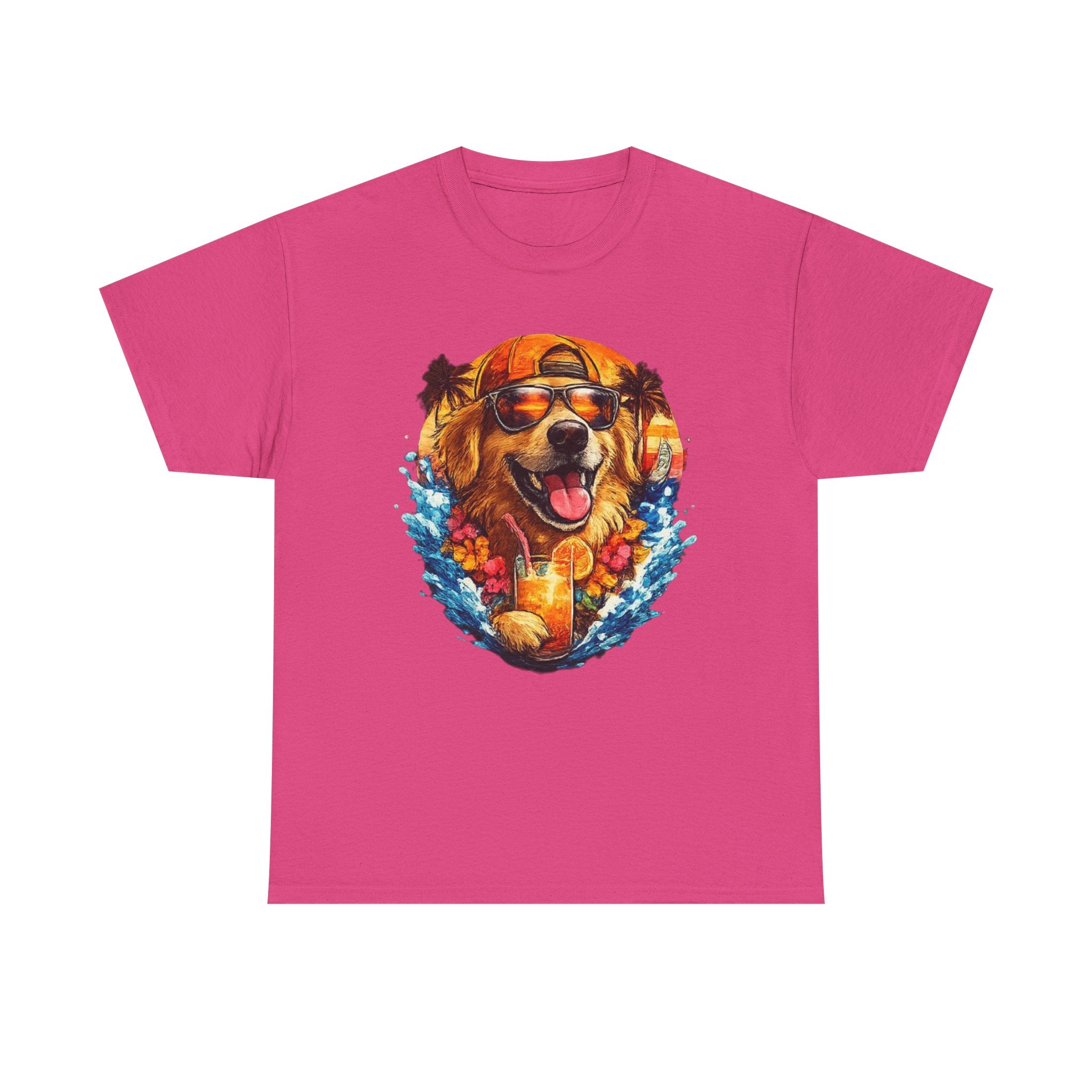 Golden Retriever Surf Dog T‑Shirt — Tropical Hawaiian Vibe, Sunglasses & Lei Graphic