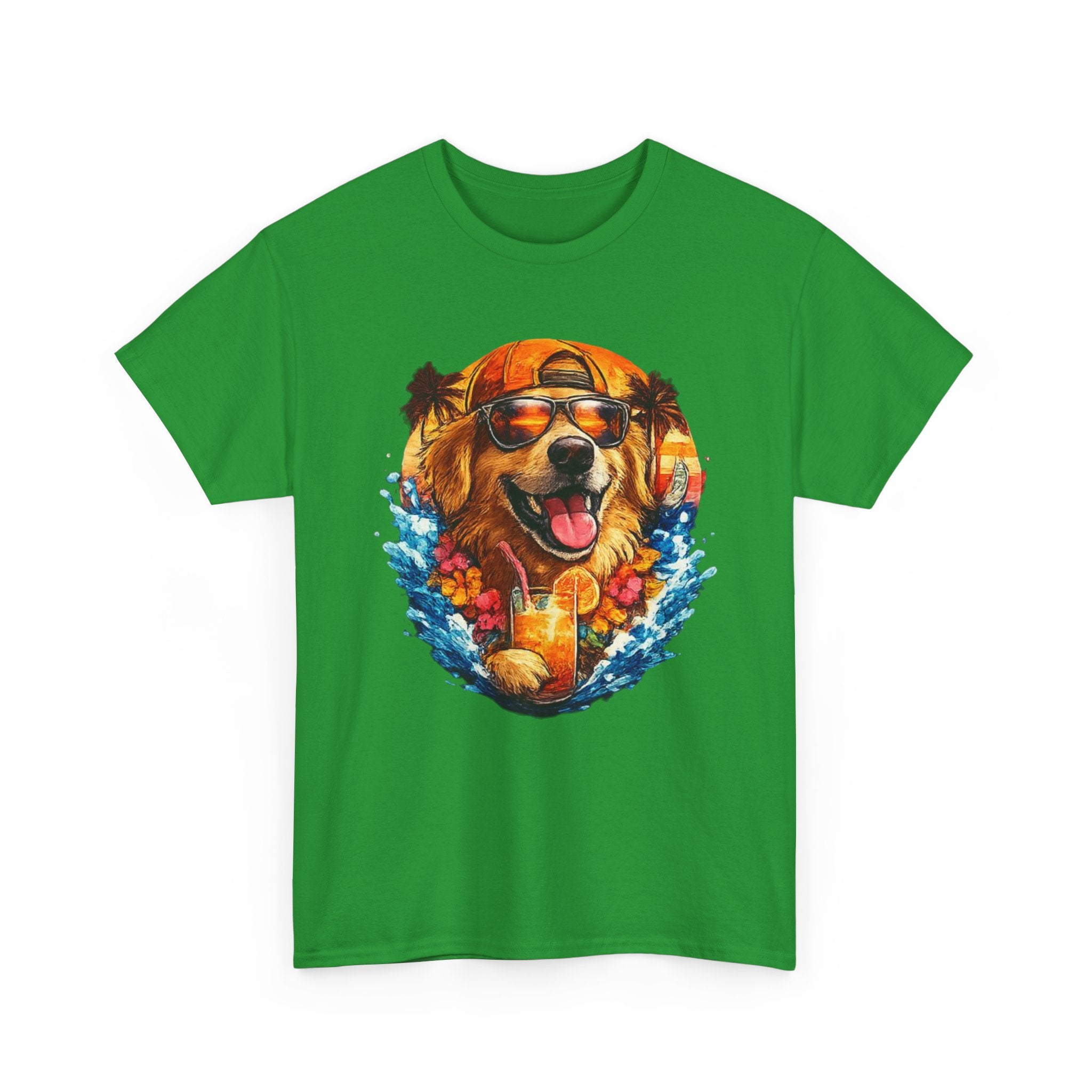 Golden Retriever Surf Dog T‑Shirt — Tropical Hawaiian Vibe, Sunglasses & Lei Graphic