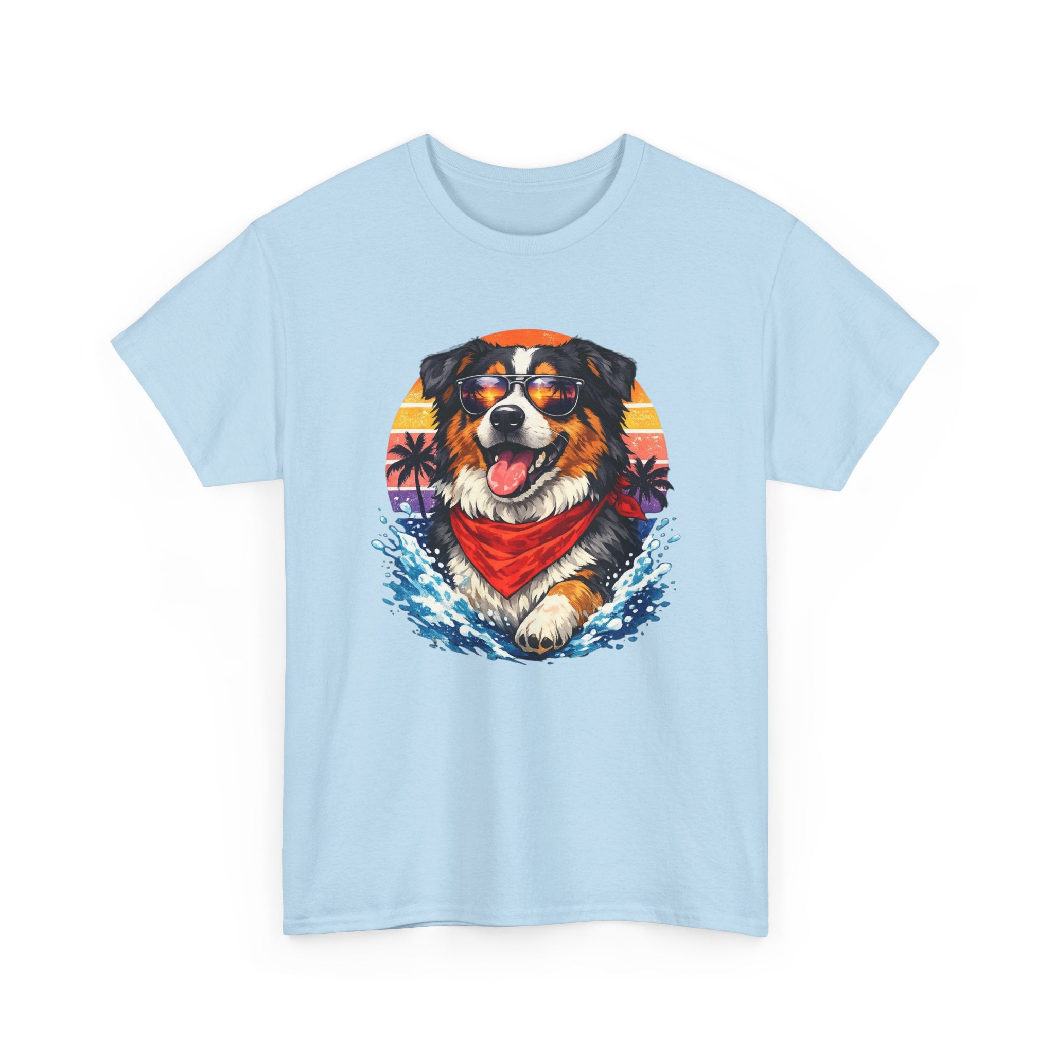 Surfing Dog T‑Shirt — Happy Aussie with Sunset & Waves