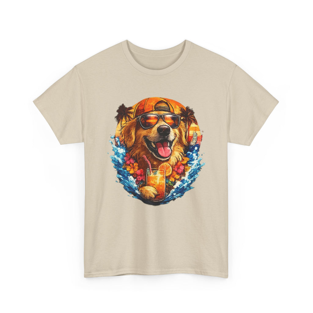 Golden Retriever Surf Dog T‑Shirt — Tropical Hawaiian Vibe, Sunglasses & Lei Graphic