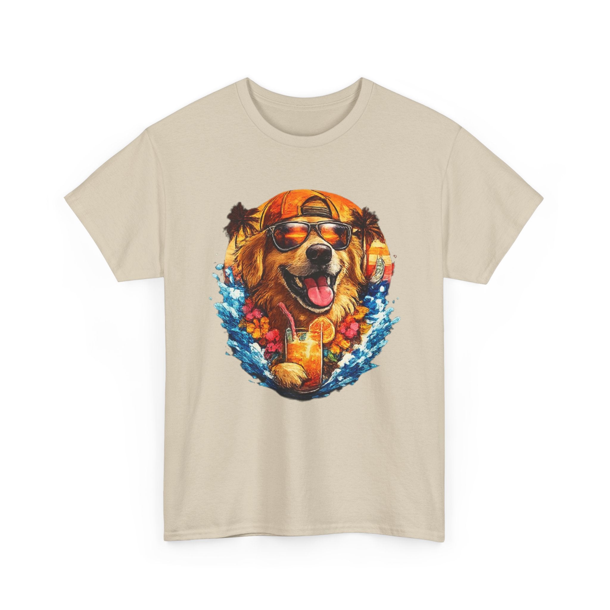 Golden Retriever Surf Dog T‑Shirt — Tropical Hawaiian Vibe, Sunglasses & Lei Graphic