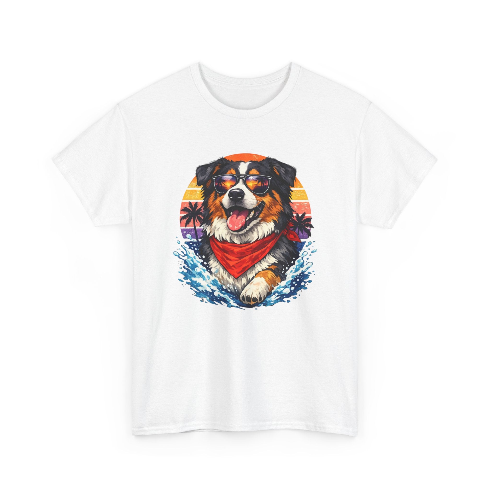 Surfing Dog T‑Shirt — Happy Aussie with Sunset & Waves