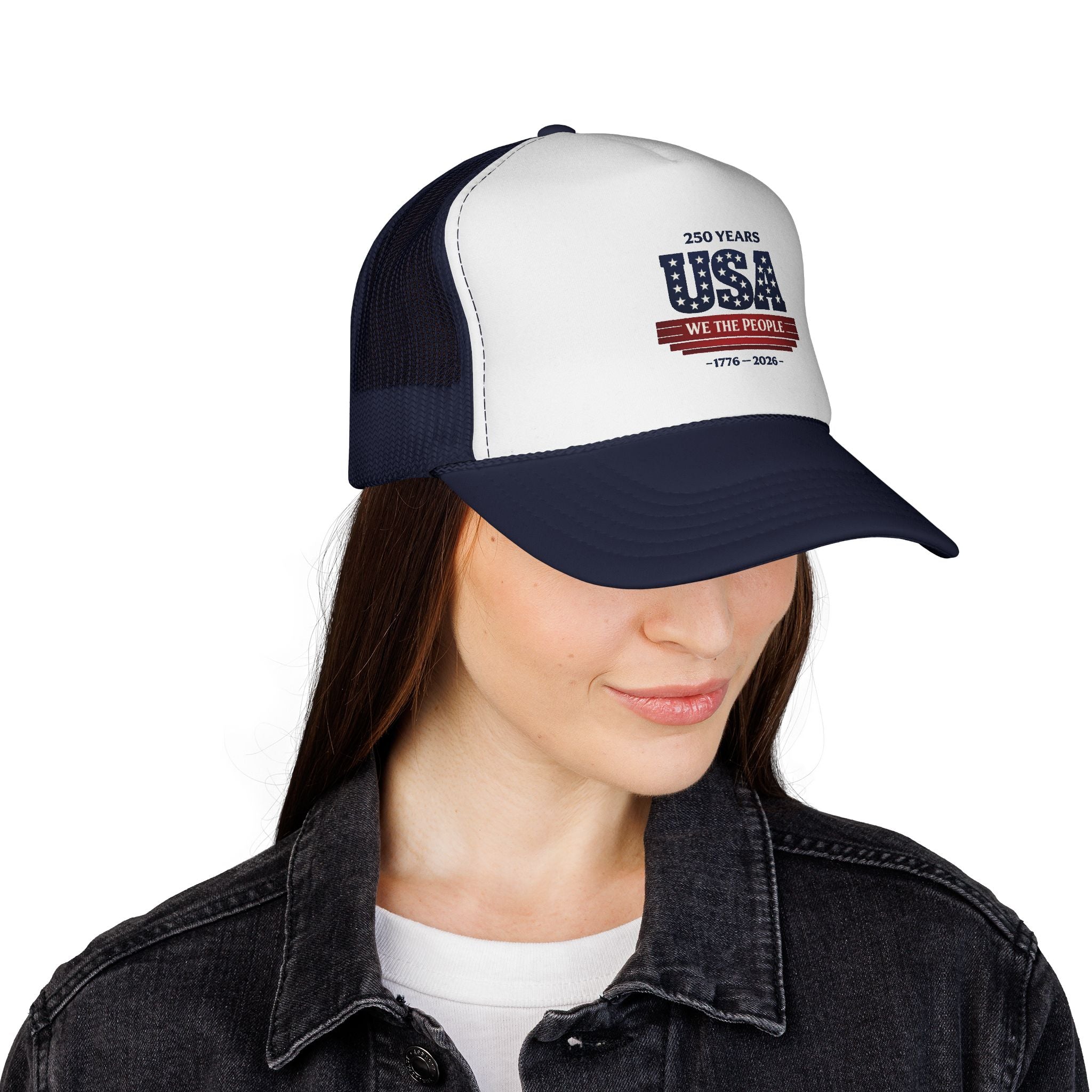 USA 250 Years Trucker Hat — 'We The People' Patriotic Mesh Cap (1776–2026)