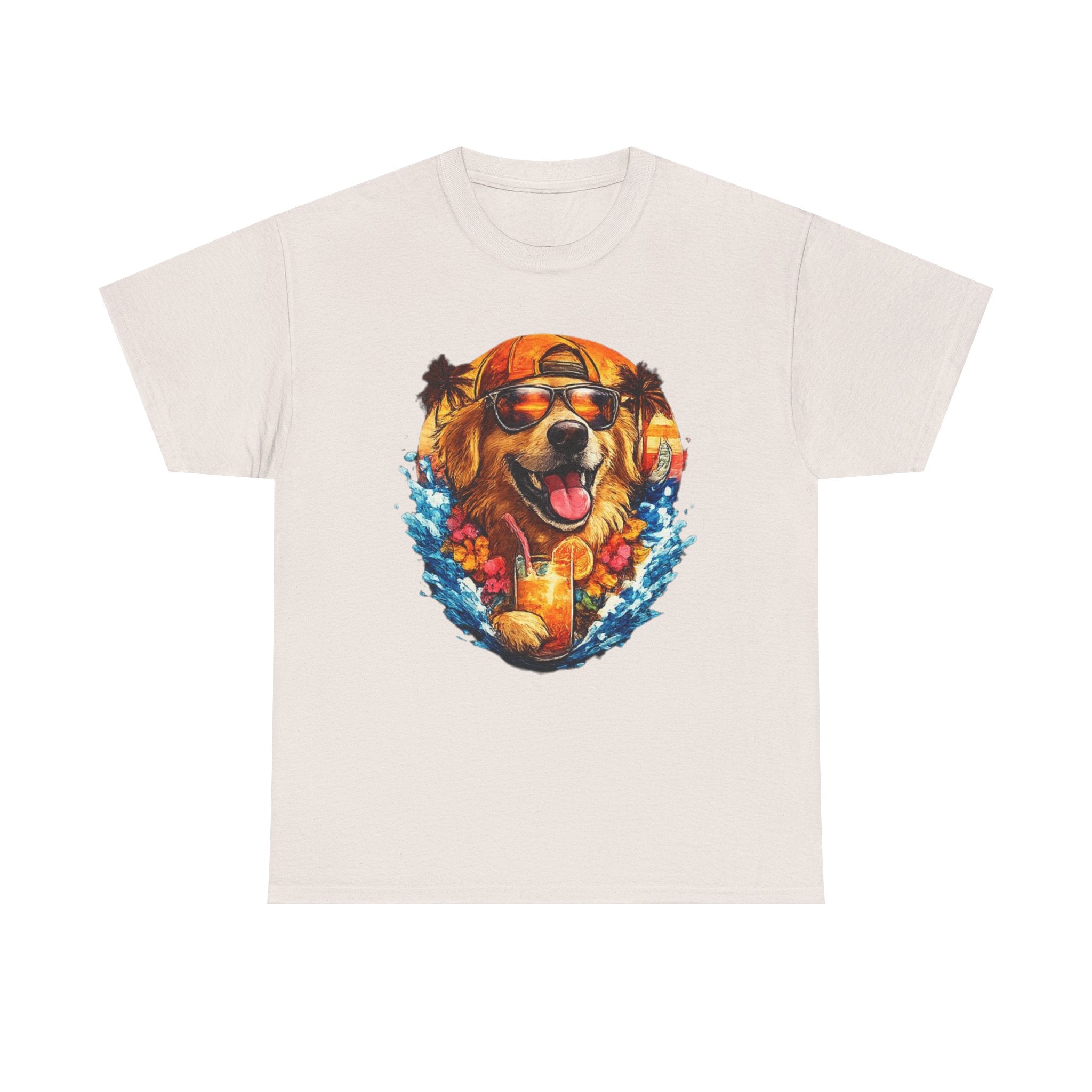 Golden Retriever Surf Dog T‑Shirt — Tropical Hawaiian Vibe, Sunglasses & Lei Graphic