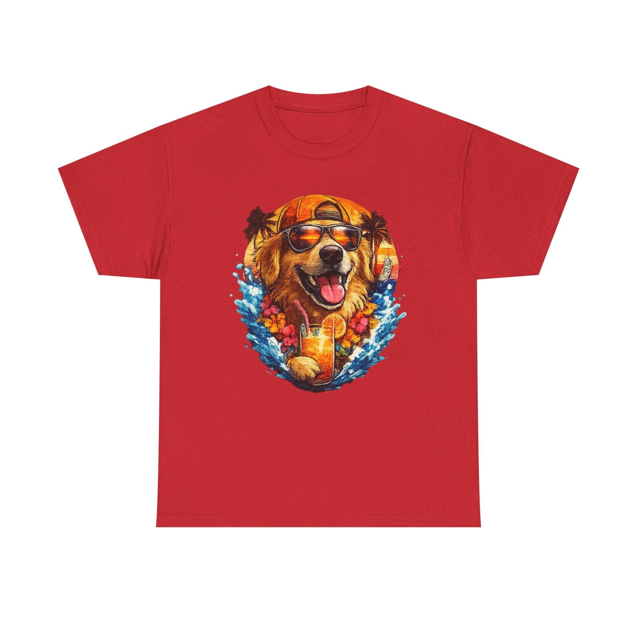 Golden Retriever Surf Dog T‑Shirt — Tropical Hawaiian Vibe, Sunglasses & Lei Graphic