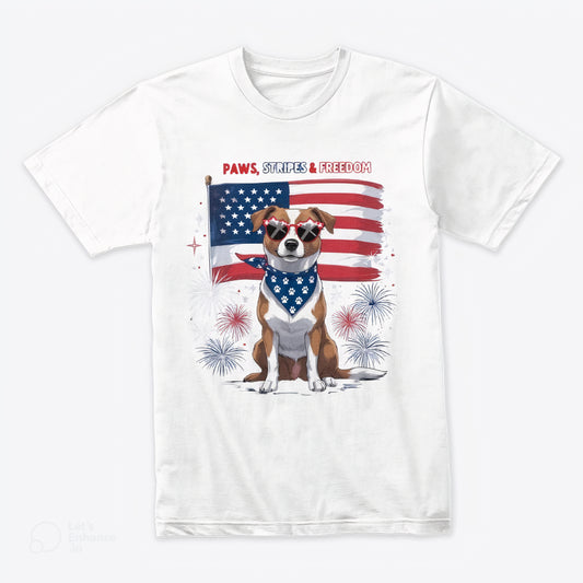 Paws, Stripes & Freedom T-Shirt – Patriotic Dog 4th of July Tee