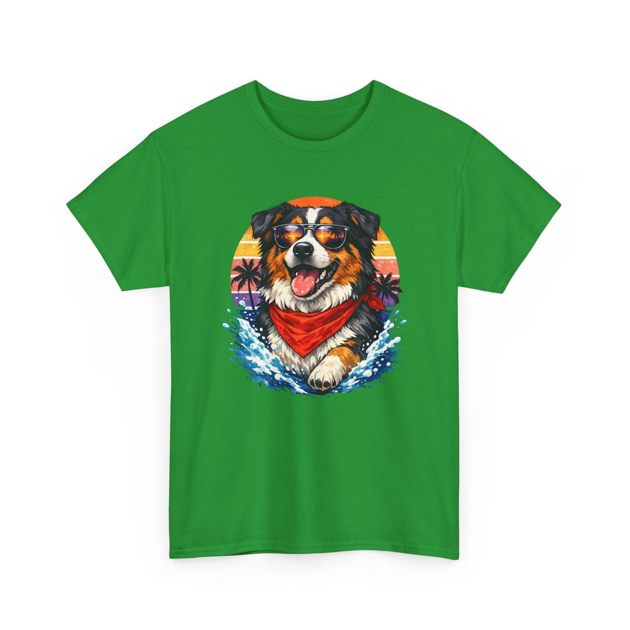 Surfing Dog T‑Shirt — Happy Aussie with Sunset & Waves