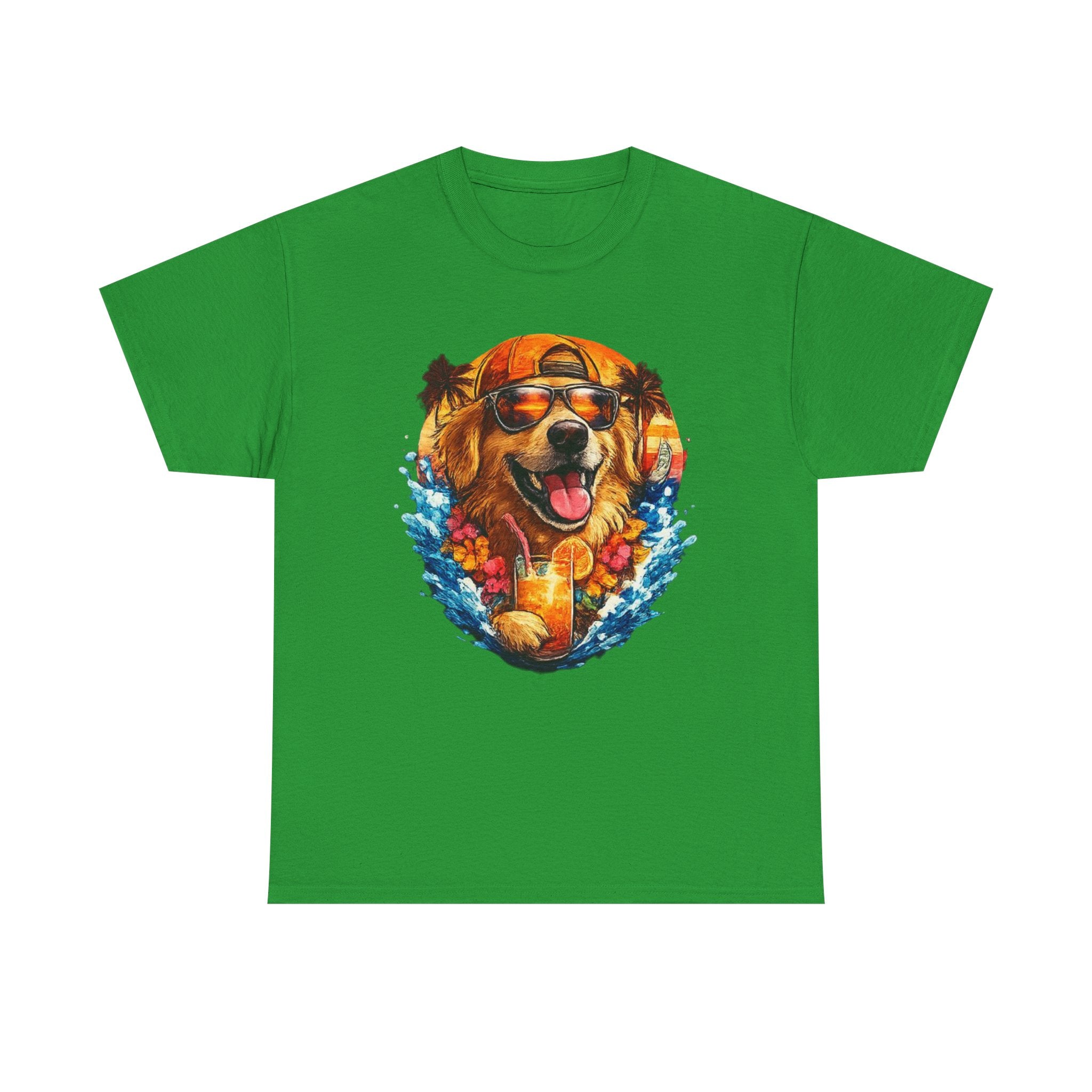 Golden Retriever Surf Dog T‑Shirt — Tropical Hawaiian Vibe, Sunglasses & Lei Graphic