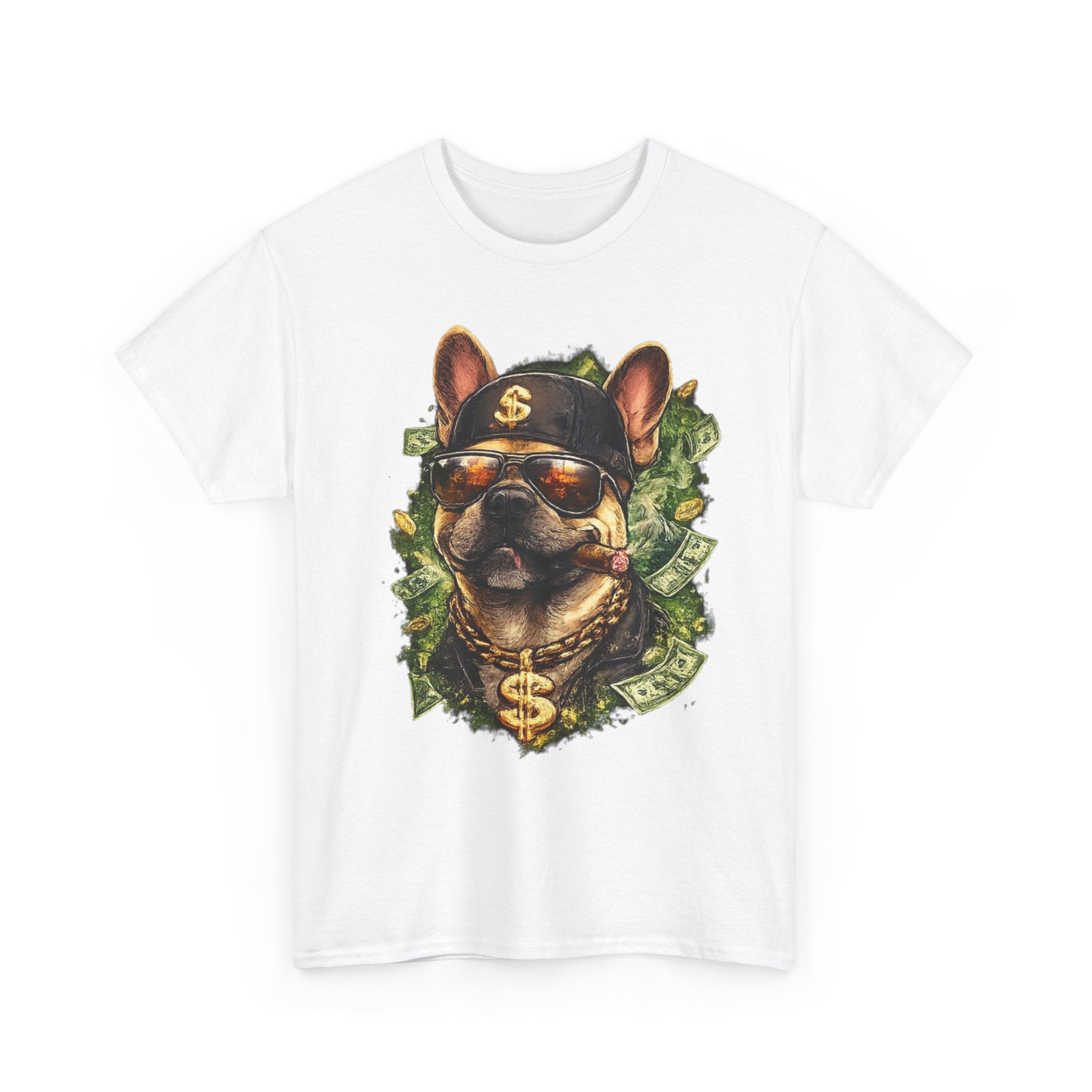 Money Dog Graphic Tee — Cool Rottweiler with Shades, Cap & Dollar Chain