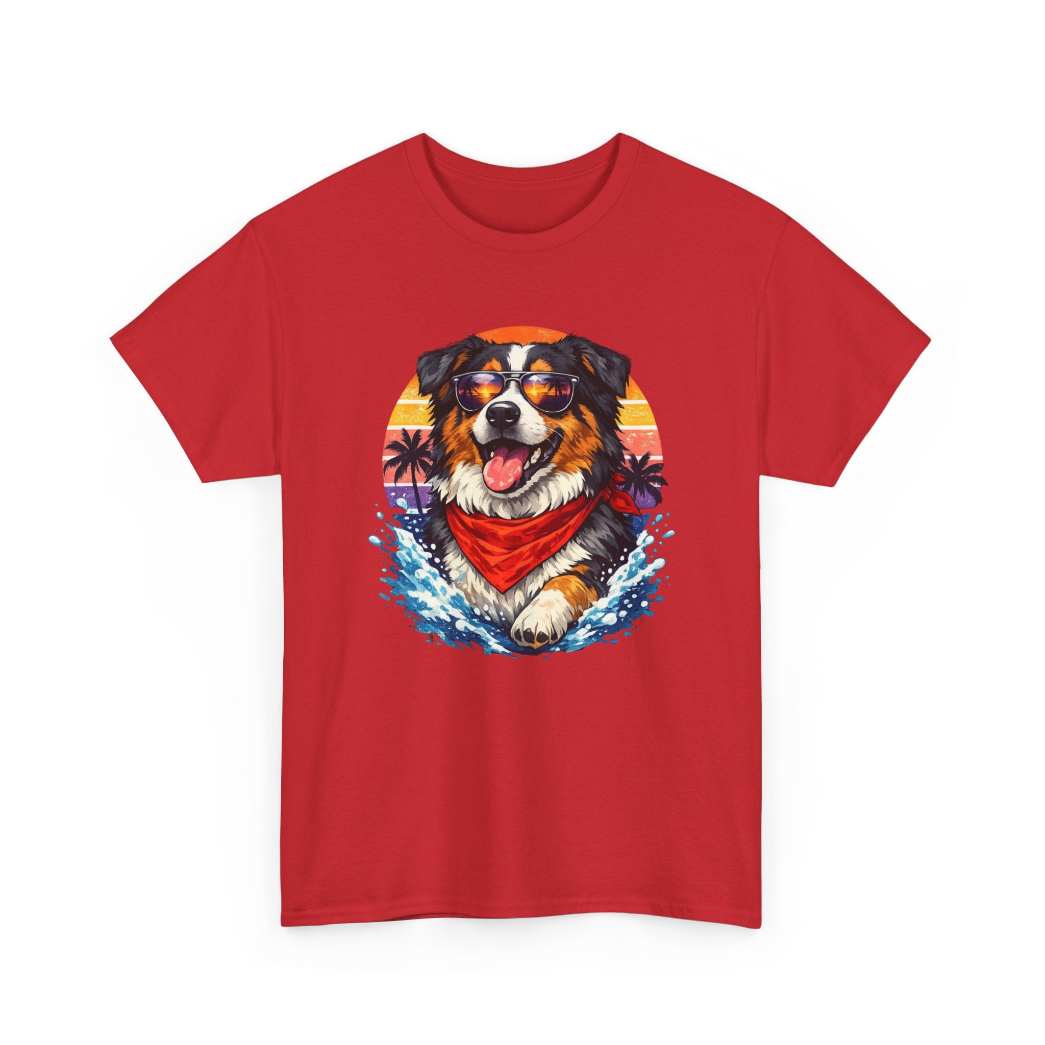 Surfing Dog T‑Shirt — Happy Aussie with Sunset & Waves
