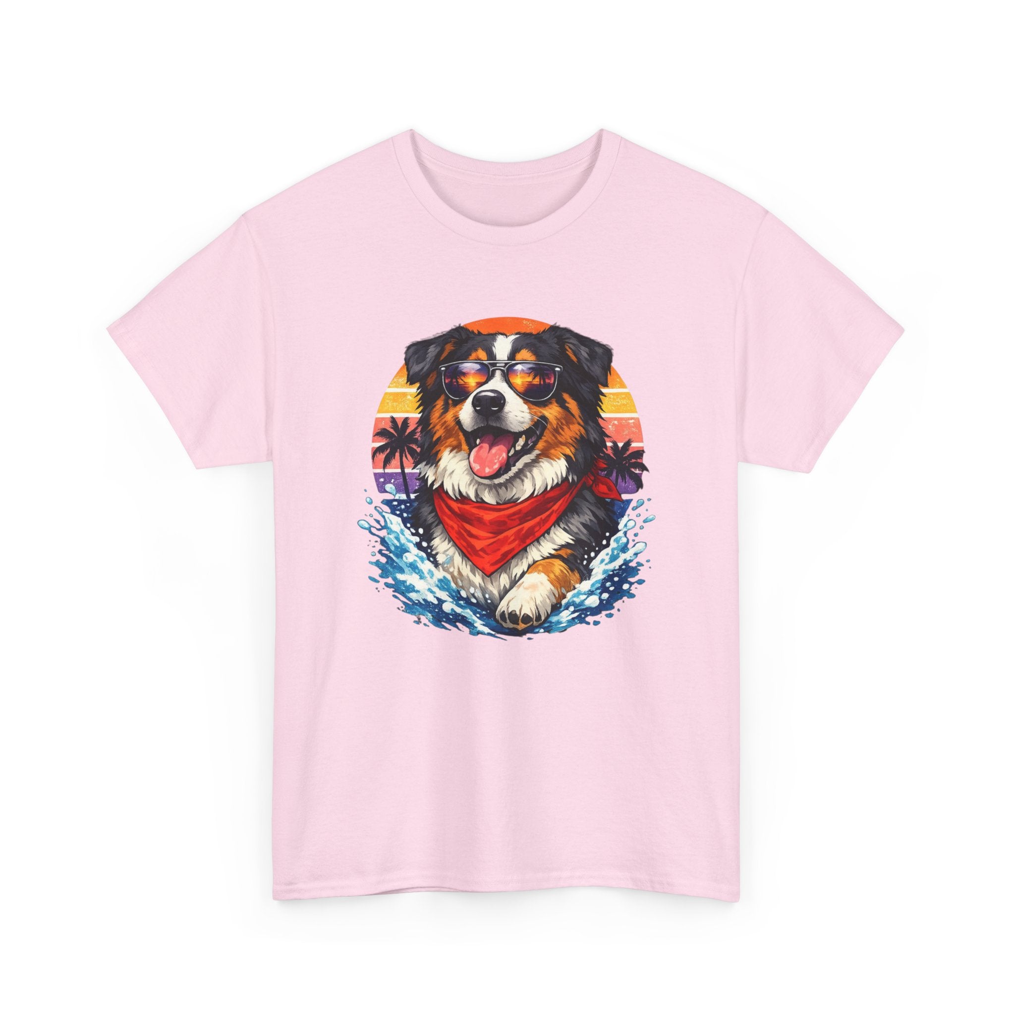 Surfing Dog T‑Shirt — Happy Aussie with Sunset & Waves