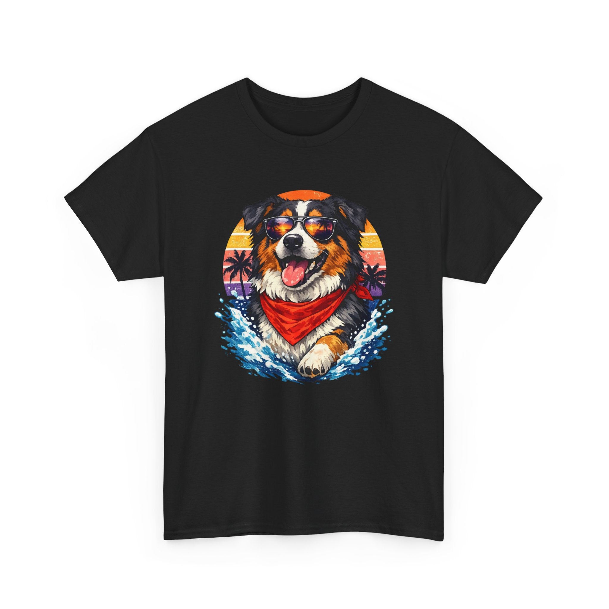 Surfing Dog T‑Shirt — Happy Aussie with Sunset & Waves