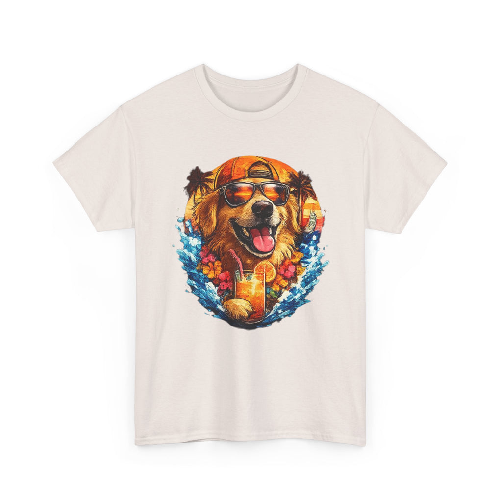 Golden Retriever Surf Dog T‑Shirt — Tropical Hawaiian Vibe, Sunglasses & Lei Graphic
