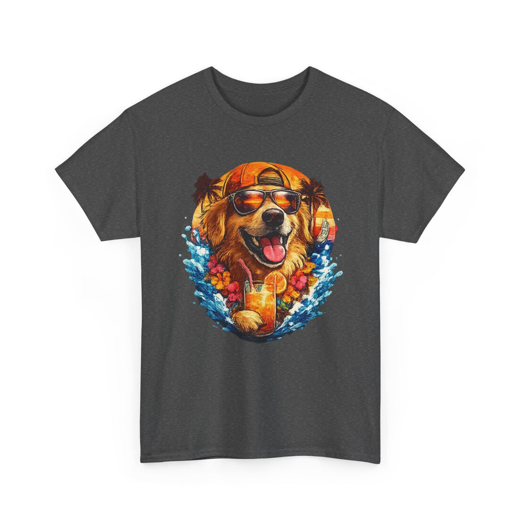Golden Retriever Surf Dog T‑Shirt — Tropical Hawaiian Vibe, Sunglasses & Lei Graphic