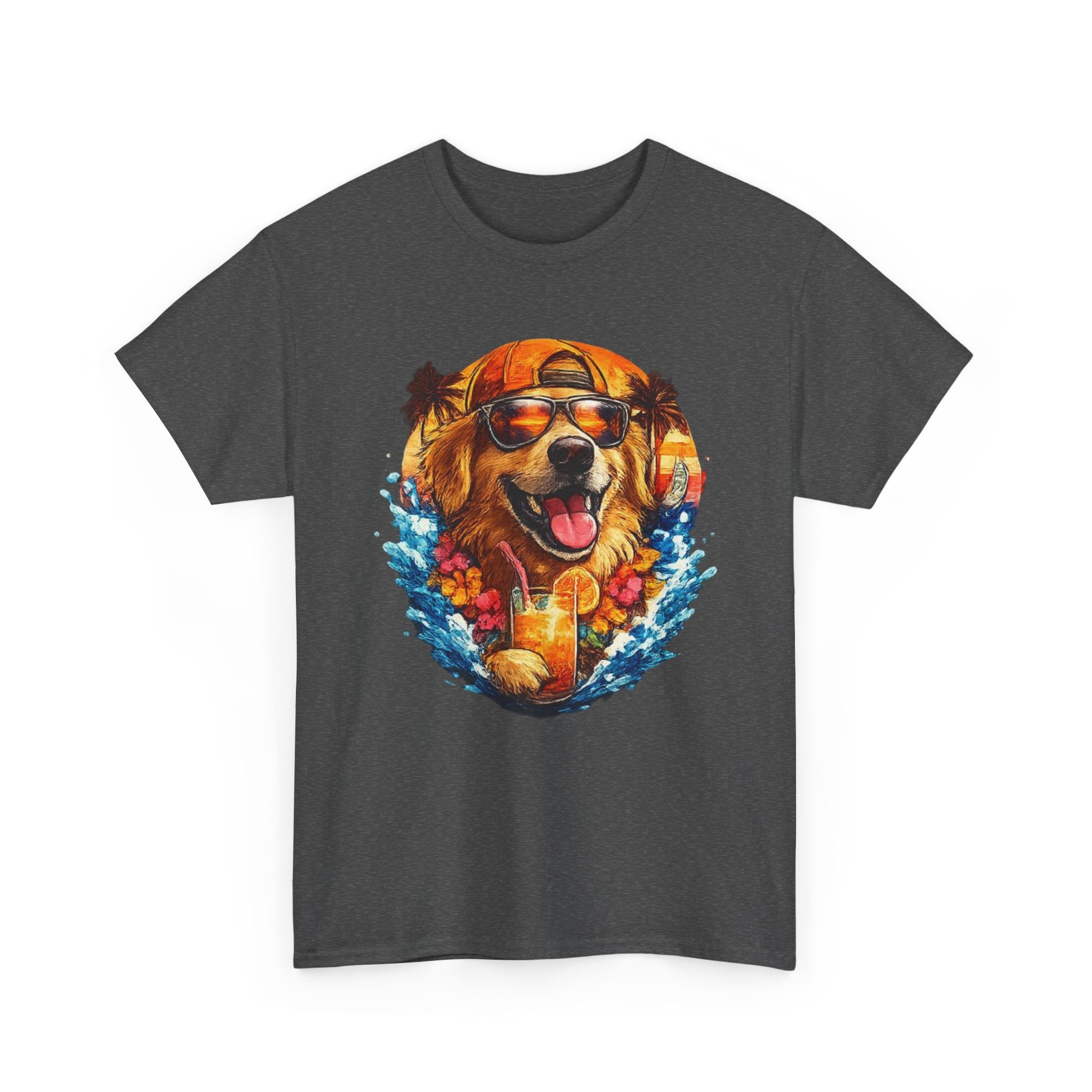 Golden Retriever Surf Dog T‑Shirt — Tropical Hawaiian Vibe, Sunglasses & Lei Graphic